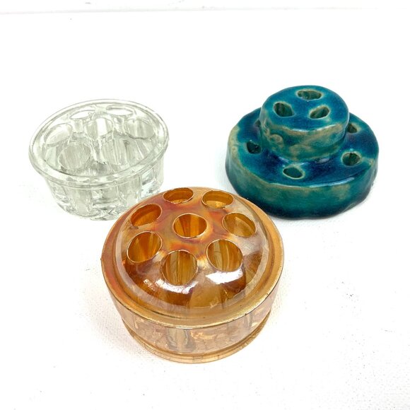 Vintage Other - Vintage Flower Frogs Set Of 3 Clear, Carnival Glass, Ceramic